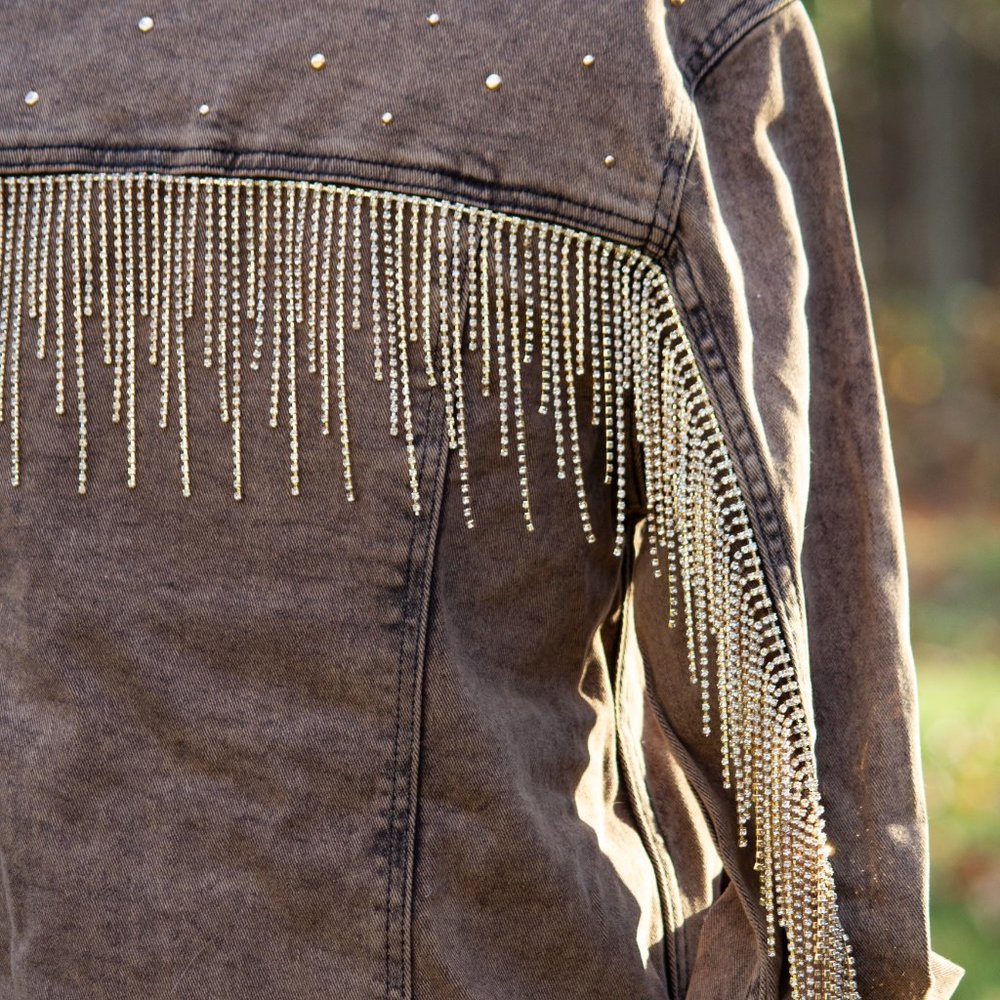 UPCYCLED Denim Rhinestone Fringe Jacket - Picture 5 of 10